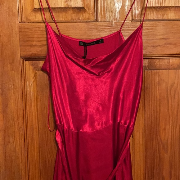Zara Red Satin Midi Slip Dress with Slit - Picture 2 of 6